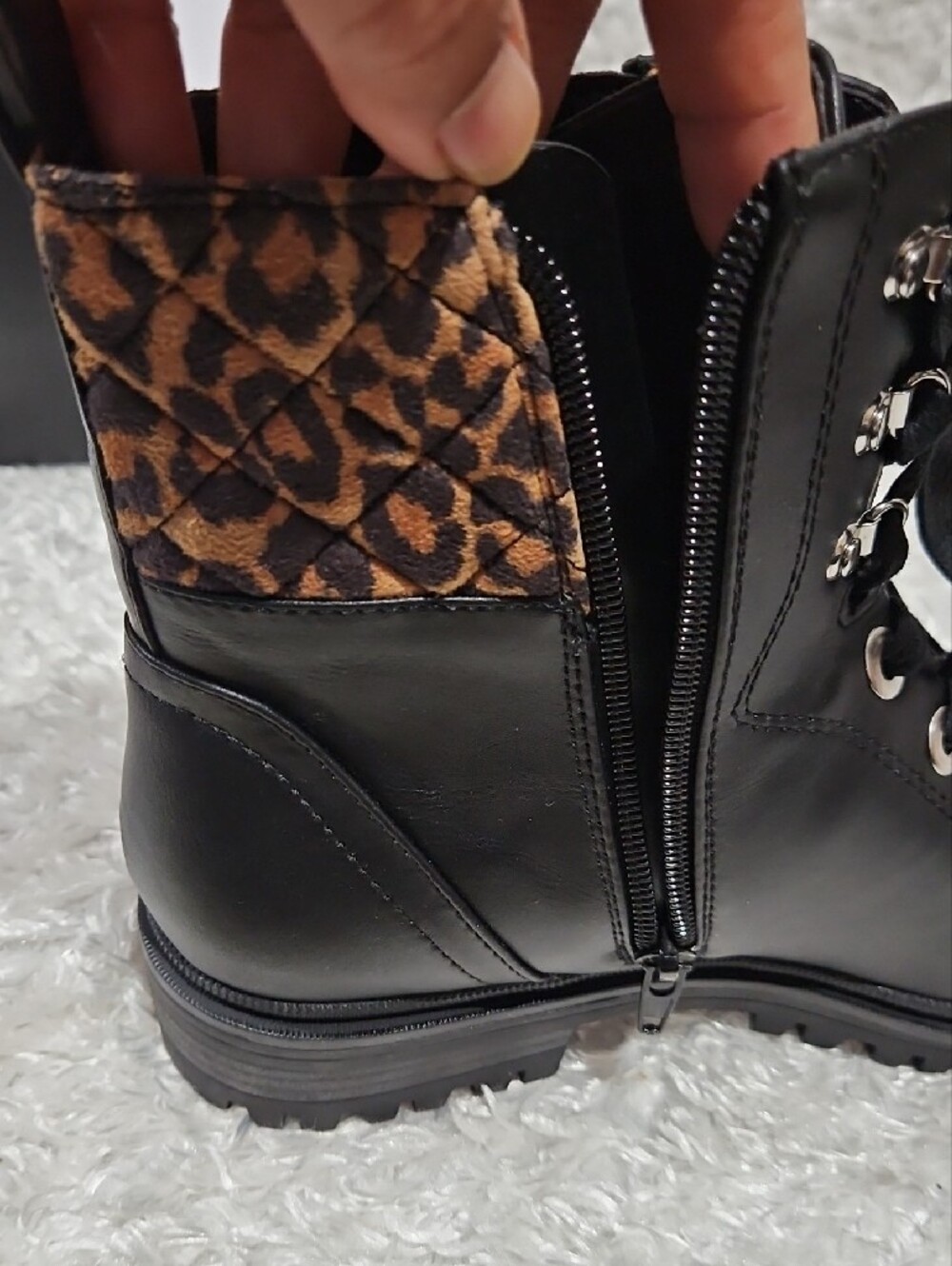 Nine West Black Lace-Up Combat Boot with Leopard Cuff - Picture 7 of 12